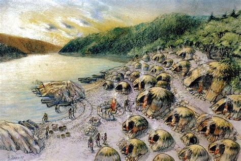 The Mesolithic site of Lepenski Vir on the Danube in Serbia | Historical illustration ...