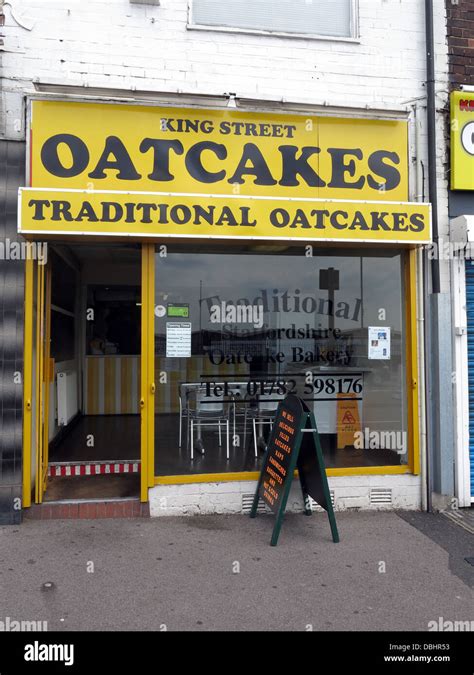 Exterior of a traditional Stoke / Staffordshire Oatcake shop, with bright yellow frontage Stock ...