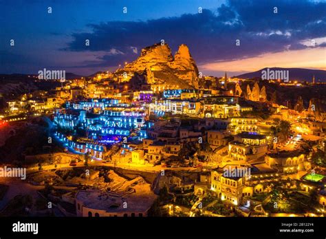 Aerial view of Uchisar Castle at night in Cappadocia, Turkey Stock Photo - Alamy