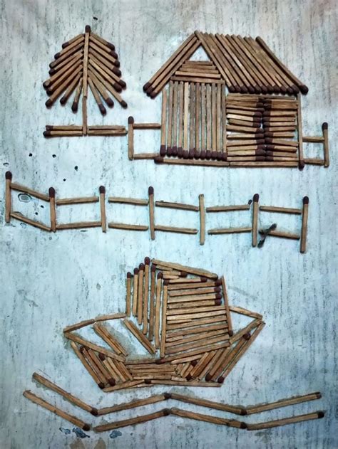 Creativity using matchsticks. House, tree and boat (scenery) made of ...