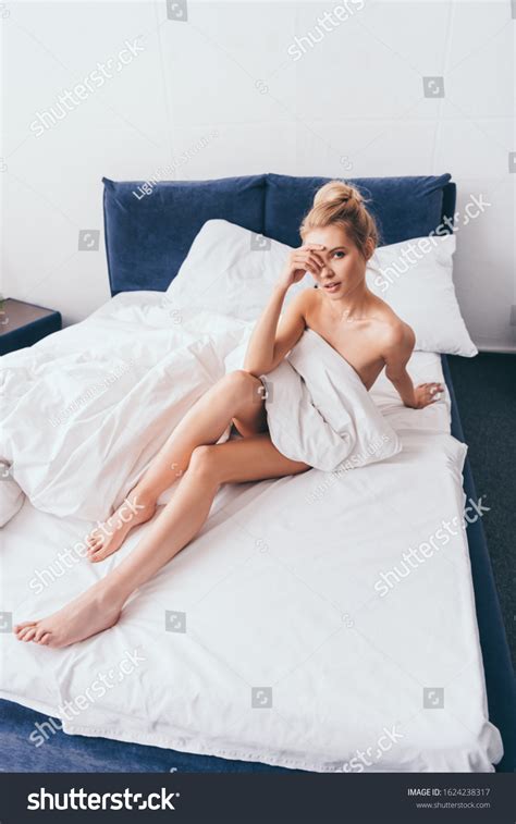 Attractive Blonde Woman Sitting Bed Sheets Stock Photo 1624238317 ...