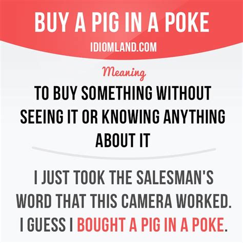 a sign that reads, buy a pig in a poke to buy something without seeing it or