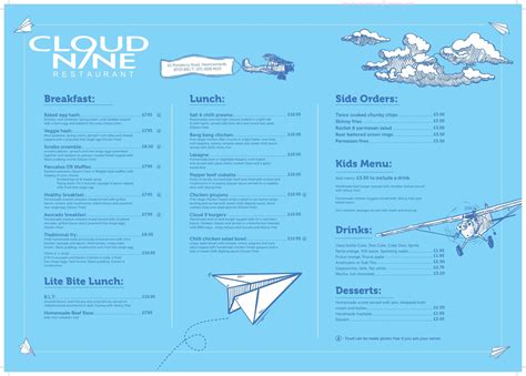 Menu at Cloud 9 Restaurant at the Ulster Flying Club, Newtownards