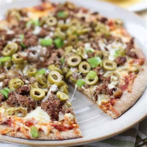 Healthy Pizzeria Style Ground Beef and Green Olives Pizza • The Healthy Foodie