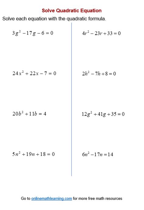 Quadratic Formula Worksheets (printable, online, answers, examples)