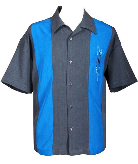 Mens Charcoal BlueTwo Panel Retro Embroidered Button Up Bowling Shirt | Custom bowling shirts ...