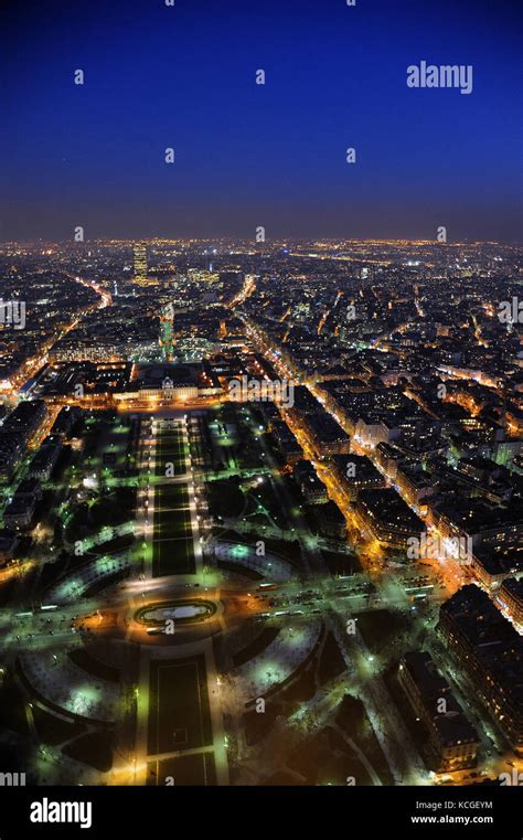 Champs de Mars viewed from the top of the Eiffel Tower at night. Paris ...