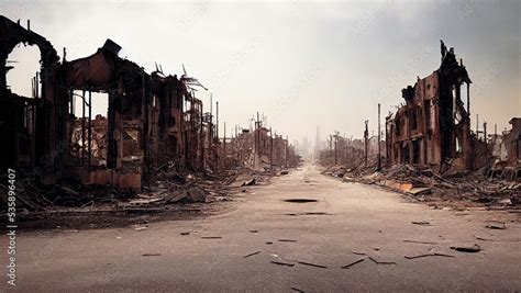 Hyper-realistic illustration of abandoned post-apocalyptic ruined city ...