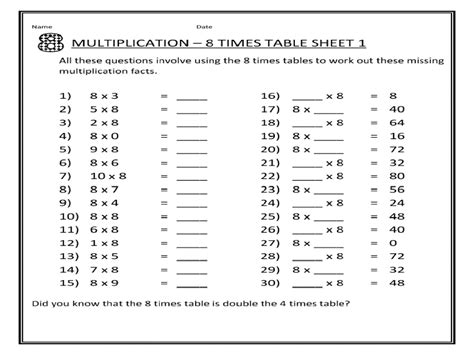 Printable 8 Times Table Worksheets | 101 Activity