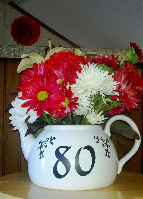 Teapot Flower Arrangement w/Cricut Vinyl made for 80th Birthday Tea Party | Birthday flowers ...