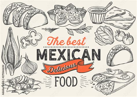 Mexican food illustrations - burrito, tacos, quesadilla for restaurant ...