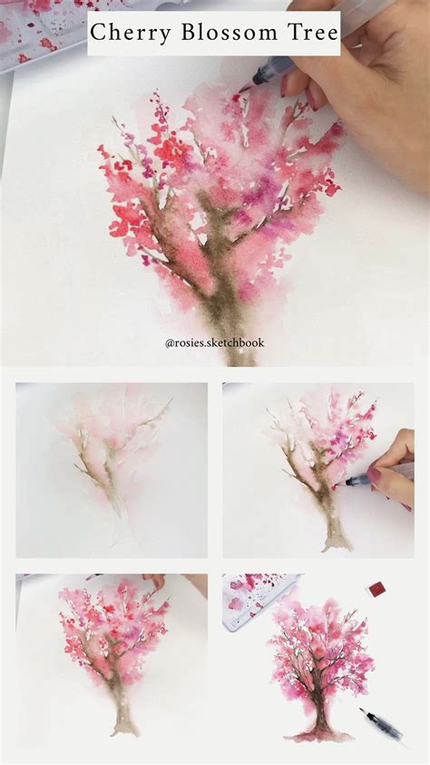 Landscape Watercolor Cherry Blossom Tree - Cherry blossom tree landscape painting 11x14 by ...