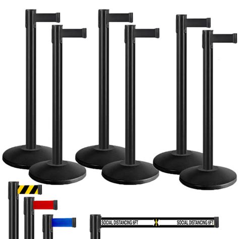 6 Pack Black Retractable Belt Barrier Stanchions | Free Shipping