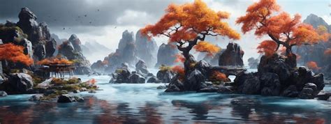 Premium AI Image | Chinese ink and water landscape painting