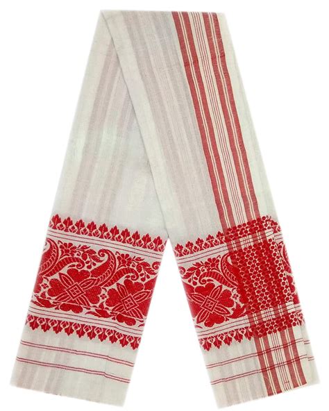 Assam Handloom- Polycotton Assamese Traditional Gamusa with Red and White Floral Embroidery On ...