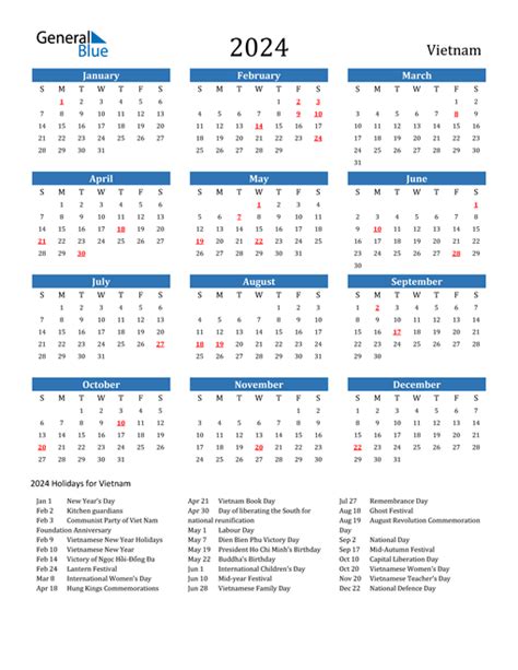 2024 Vietnam Calendar with Holidays