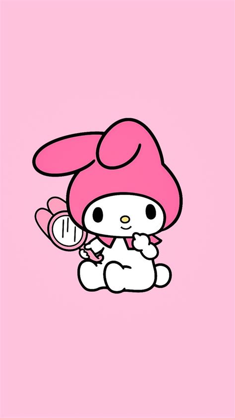 a pink hello kitty wallpaper with an image of a bunny holding a heart on it's chest