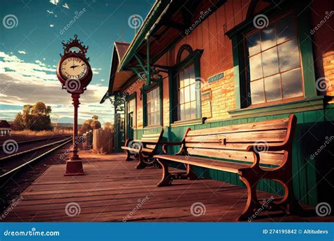 Old-fashioned Train Station, With Vintage Clock And Wooden Benches, In Historic Town Stock Photo ...