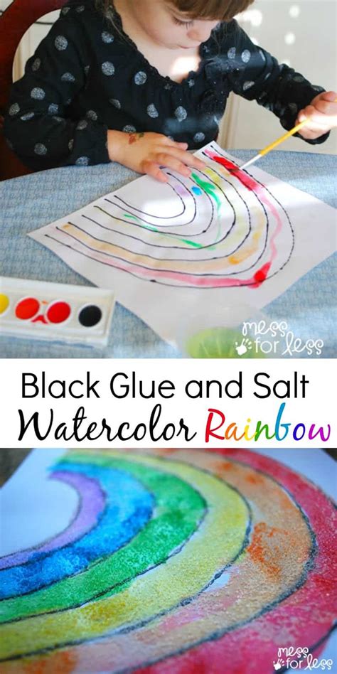 Black Glue and Salt Watercolor Rainbow - Salt Painting for Preschool - Mess for Less