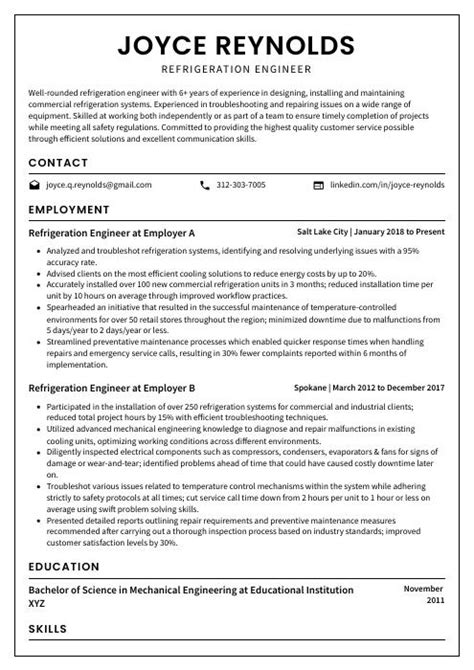 Refrigeration Engineer Resume (CV) Example and Writing Guide