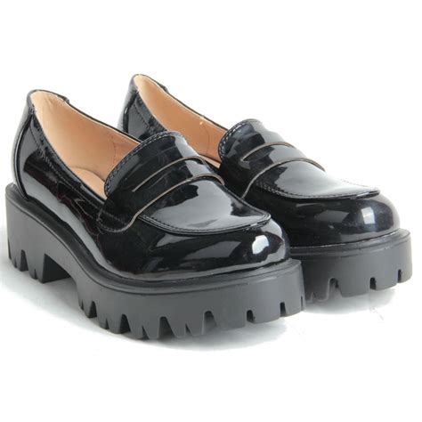 women ladies cleated chunky platform sole flat loafer black patent ...