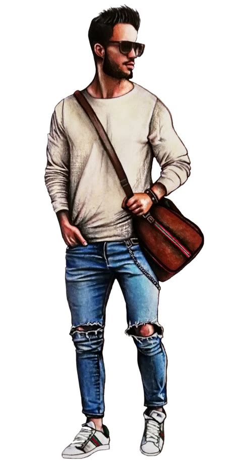 a drawing of a man in ripped jeans and a white shirt holding a brown bag