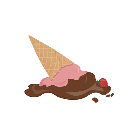 Ice cream in waffle cone vector illustration on white background. Dropped and melted ice cream ...