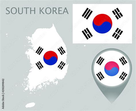 Colorful flag, map pointer and map of South Korea in the colors of the South Korean flag. High ...