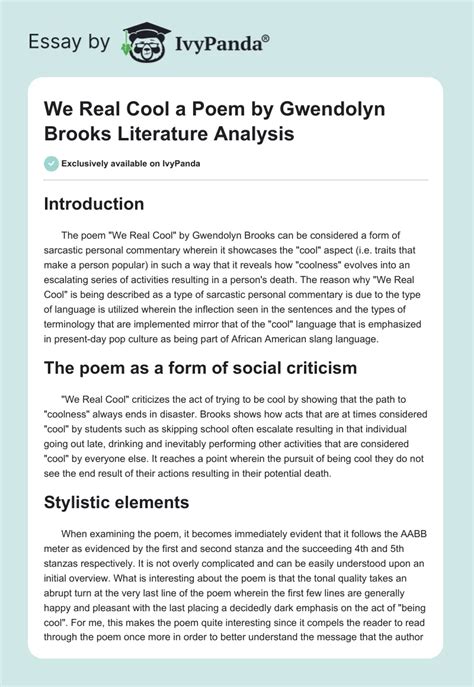 "We Real Cool" a Poem by Gwendolyn Brooks Literature Analysis - 1128 ...