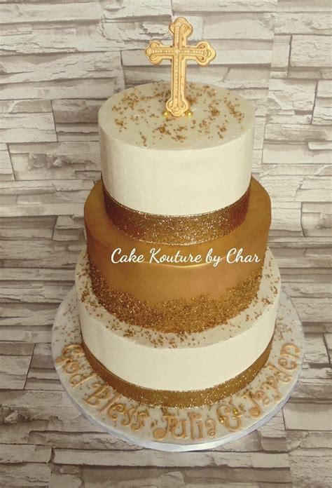 White and Gold Baptism cake. This cake has two tiers of Swiss ...