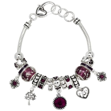 Amethyst February Birthstone Charm Bracelet Murano Beads, Pandora Style Inspired