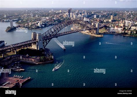 Sydney Harbour Bridge and North Sydney from the air, Australia Stock ...