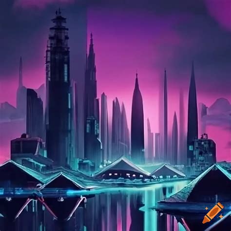 Futuristic city skyline with neon lights