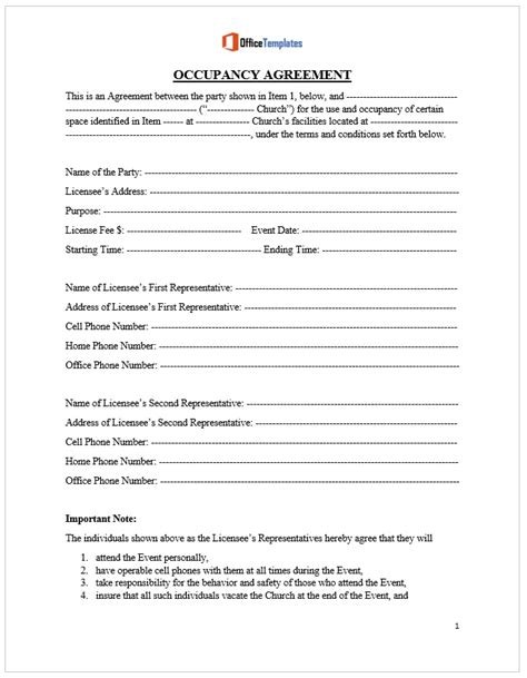 Occupancy Agreement Templates - Office Templates