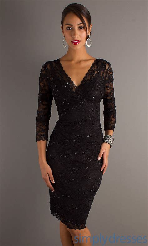 Three-Quarter-Sleeve V-Neck Knee-Length Lace Dress | Black lace ...