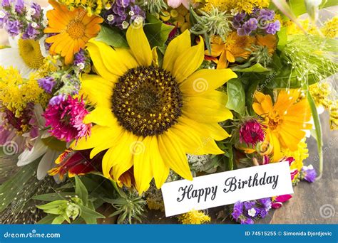 Happy Birthday Card with Bouquet of Summer Flowers Stock Image - Image ...