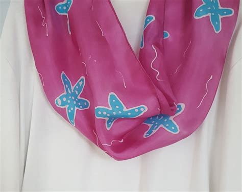 Silk Scarf, Hand Dyed Silk Scarf, Shades of Pink With Blue Starfish, Beach Lover's Scarf ...