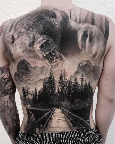 Bear & Lake Full Back Piece | Bear tattoo designs, Back tattoos for guys, Back piece tattoo