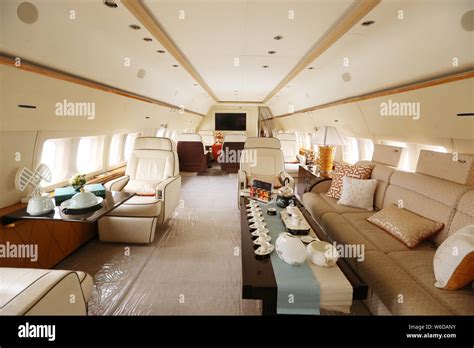 Interior view of the cabin of a 737-700 jet airliner of BBJ (Boeing Business Jet) on display ...