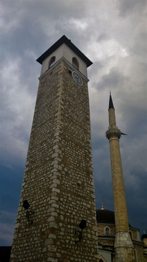 Clock Tower and Minaret of the 16th Century Hussein Pasha Mosque in Pljevlja, Montenegro ...