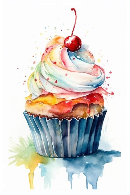 Premium Photo | Watercolor painting of a cupcake with a cherry on top