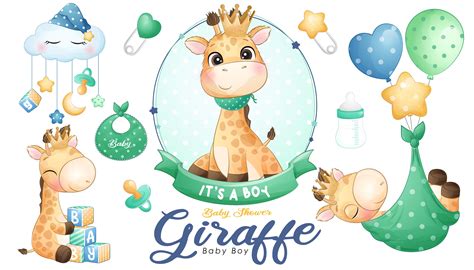 Cute doodle giraffe baby shower digital clipart collection