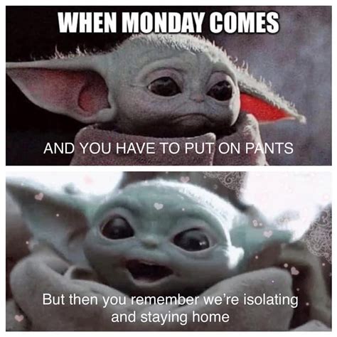 Baby Yoda - Monday, Pants, isolating | Yoda meme, Yoda funny, Funny relatable memes