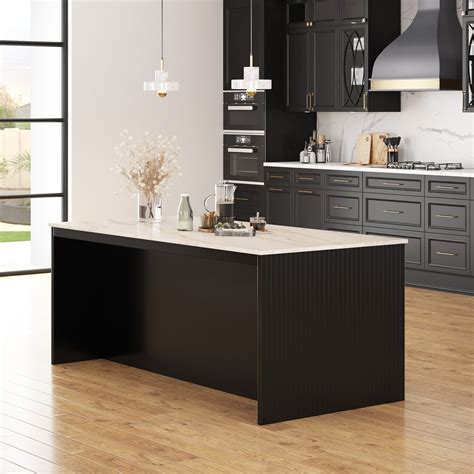 Hilversum Modern Solid Wood Marble Top Black Kitchen Island with storage