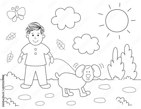 coloring page of a boy walking with his dog, cute black and white ...