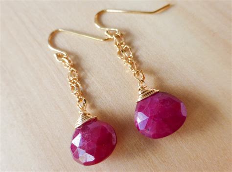 The Pink Red Ruby Dangle Earrings in Gold Filled - Valltasy