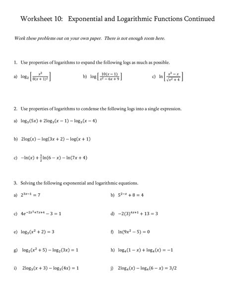 Worksheet 10 - Exponential and Logarithmic Functions Continued ...