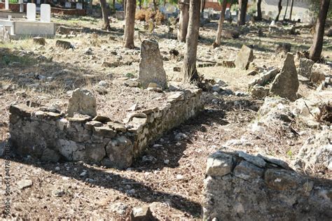 Old stone tombs in cemetery. Tombstone and graves in graveyard. Stock Photo | Adobe Stock