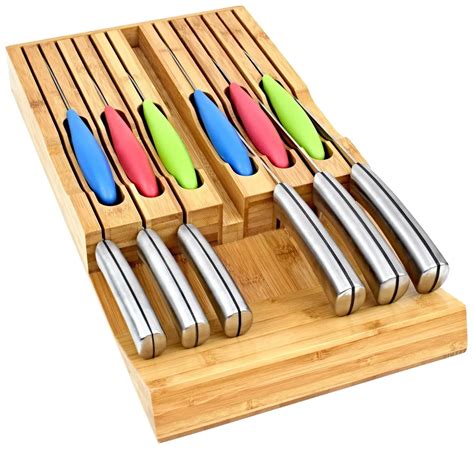 In-drawer Bamboo Knife Block Drawer Organizer Holder Fit For 12 Knives And One Sharpening Steel ...