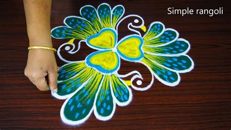 3 Face Peacock rangoli design - Simple peacock kolam with 5x3 dots for ...